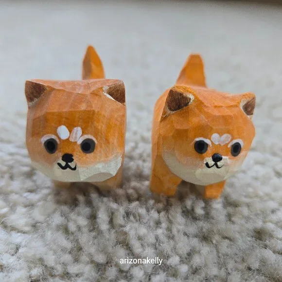 Pair of Tiny Carved Wood Shibas - Picture 1 of 4